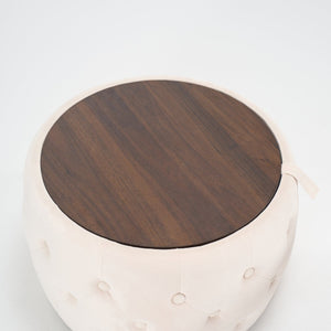 English Elm Ball Cast Round Nesting Ottoman Set Linen Upholstered Hidden Storage with Wooden Tray Beige W3163P379358
