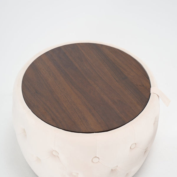 English Elm Ball Cast Round Nesting Ottoman Set Linen Upholstered Hidden Storage with Wooden Tray Beige W3163P379358