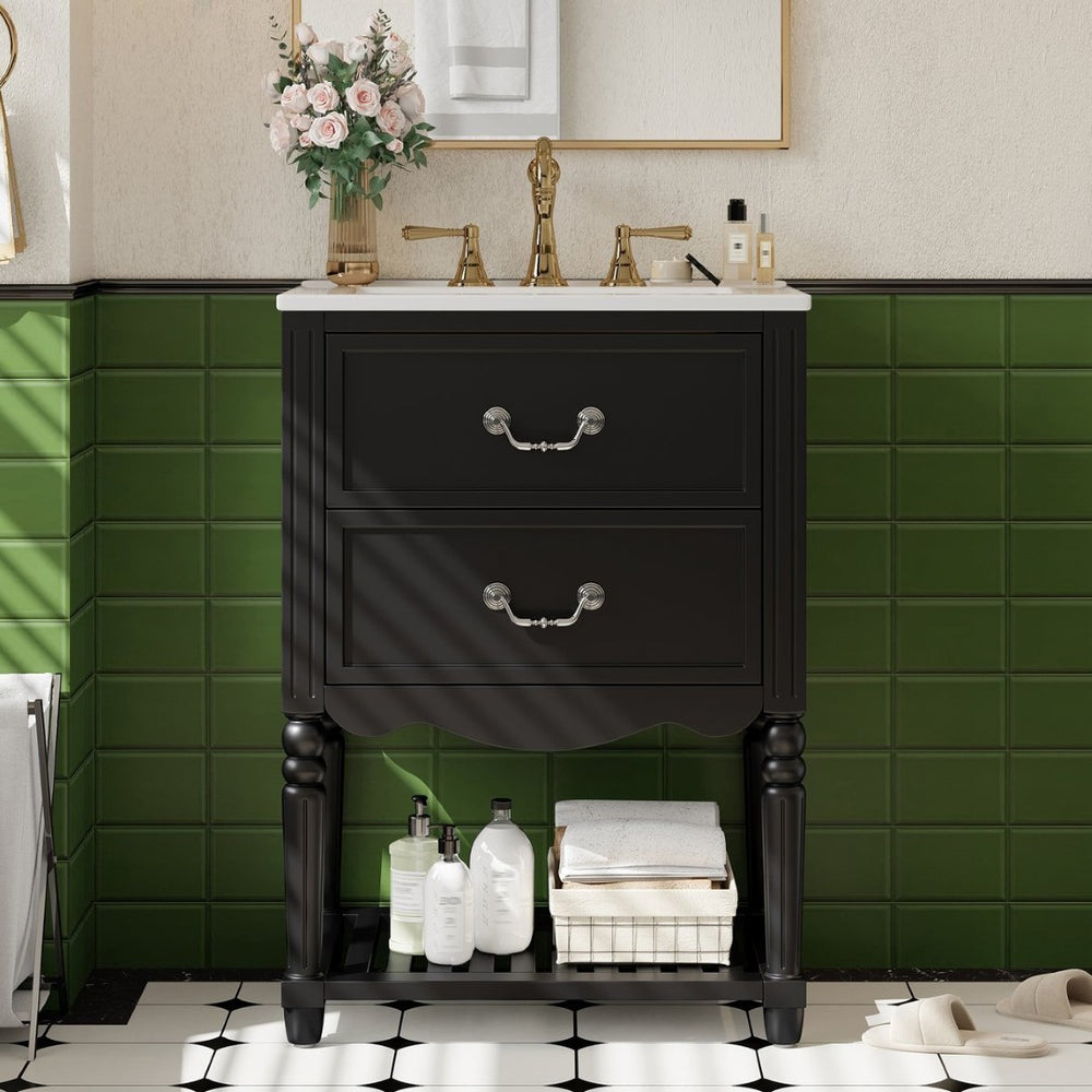 English Elm 24'' Vintage Bathroom Vanity with Ceramic Sink Soft Close Drawers Open Shelf Black N710P411237B