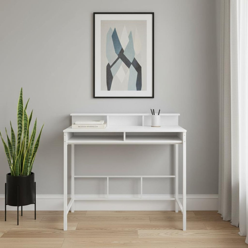 HomeRoots 47" White Wood and Metal Computer Desk - Stylish, Durable Workspace with Open Shelving for Storage 490000