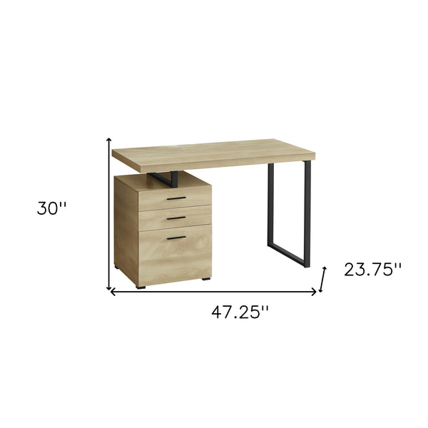 Homeroots 47" Sleek Natural & Black Wood Metal Sled Desk With 3 Drawers - Perfect For Stylish Home Offices!   490002