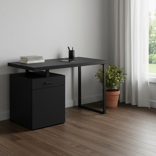 HomeRoots 47" Sleek Black Wood and Metal Sled Desk – Versatile, Modern Home Office Solution with Storage Drawer 490003