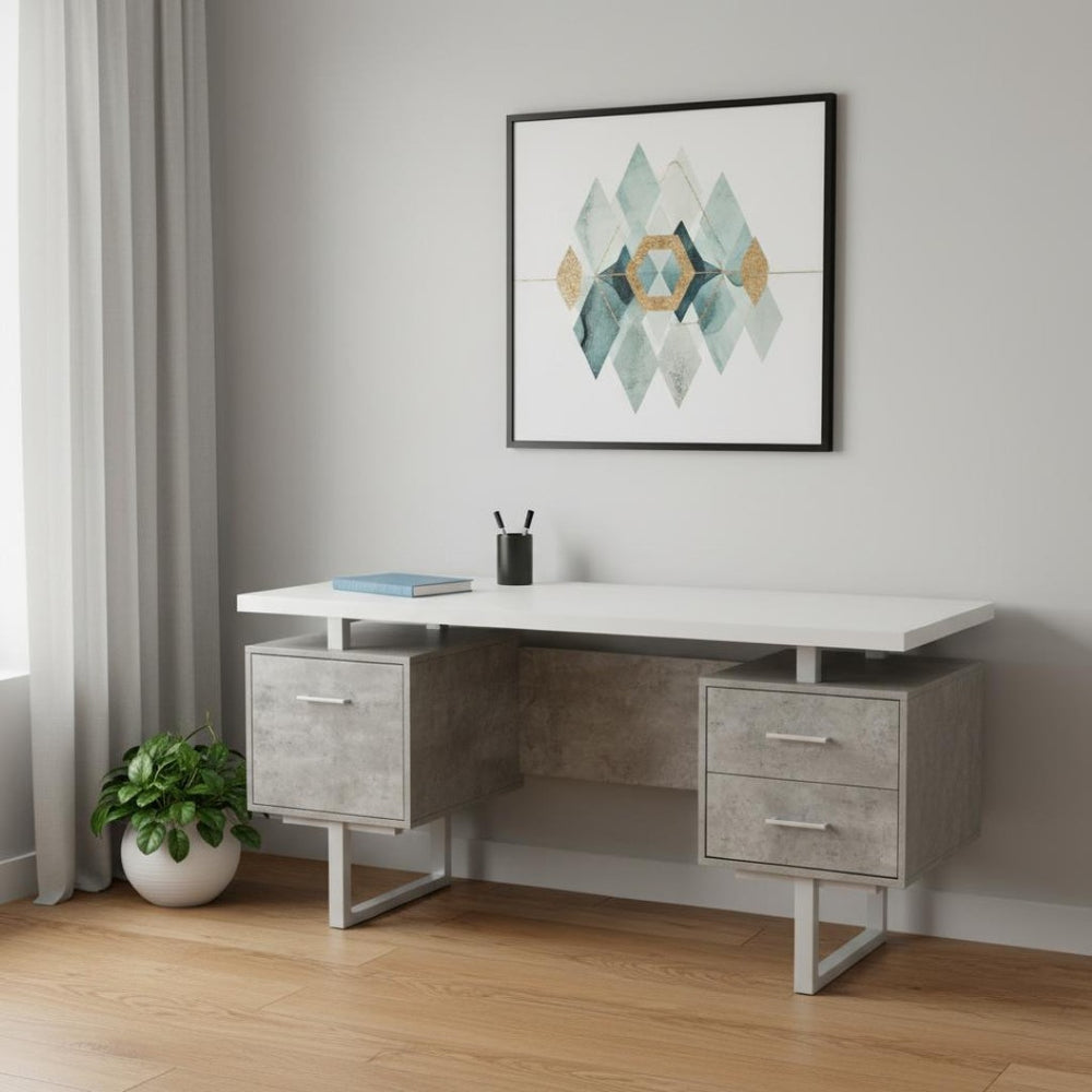 HomeRoots 60" Modern White and Gray Computer Desk with 3 Drawers, Reversible Design & Durable Construction 490005
