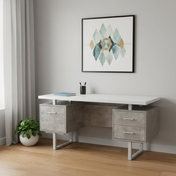 HomeRoots 60" Modern White and Gray Computer Desk with 3 Drawers, Reversible Design & Durable Construction 490005