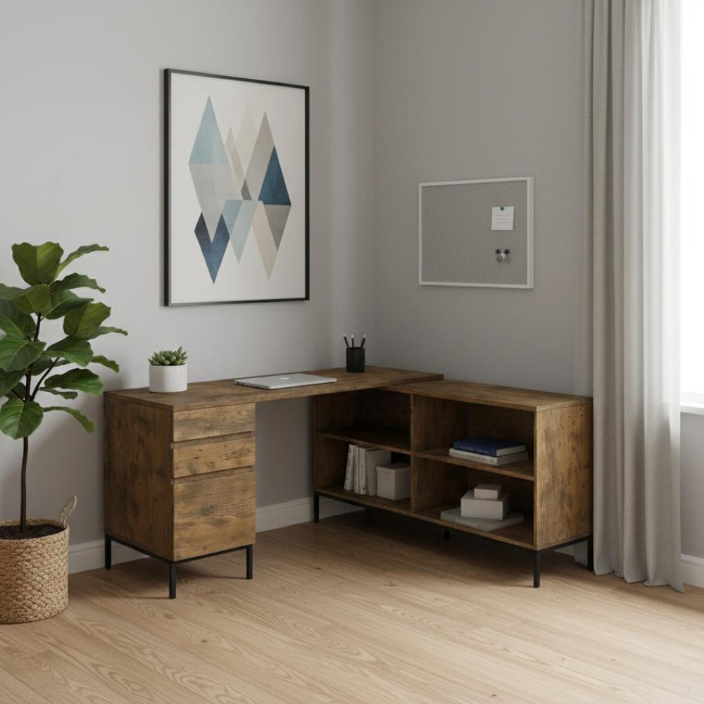 HomeRoots 60" Brown and Black L-Shaped Computer Desk with 3 Drawers for a Stylish, Organized Workspace Upgrade 490009