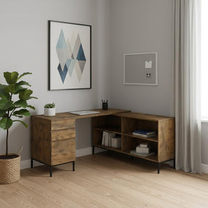 HomeRoots 60" Brown and Black L-Shaped Computer Desk with 3 Drawers for a Stylish, Organized Workspace Upgrade 490009