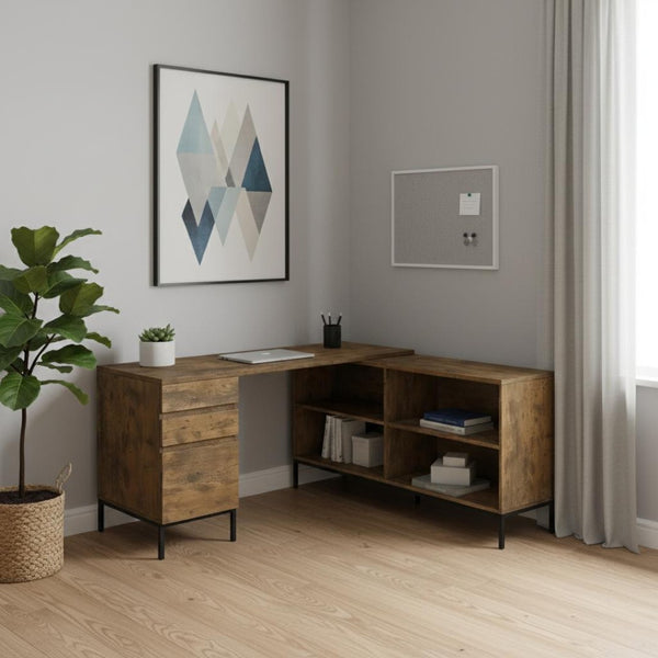 HomeRoots 60" Brown and Black L-Shaped Computer Desk with 3 Drawers for a Stylish, Organized Workspace Upgrade 490009
