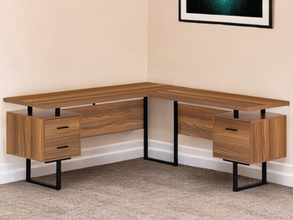 Homeroots 71" Brown And Black L Shape Computer Desk With Three Drawers   490010