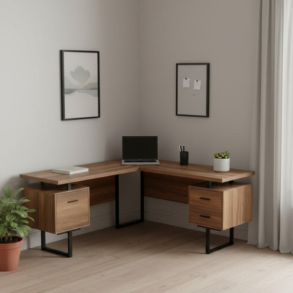 HomeRoots 71" Versatile L-Shaped Computer Desk with 3 Drawers, Brown Top & Black Metal Base for Home Office 490010