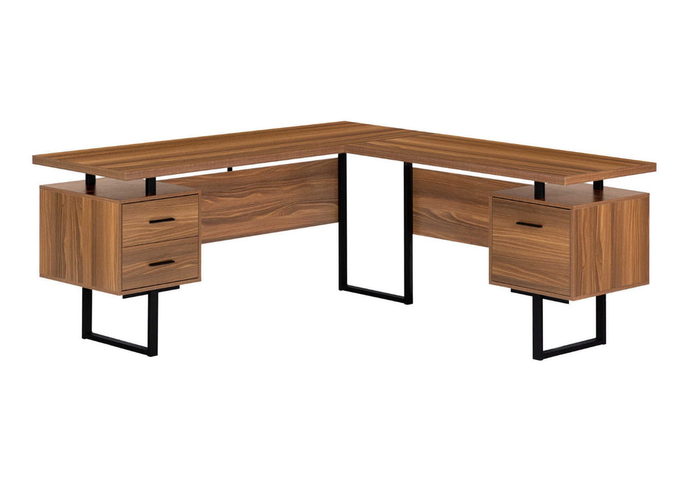 HomeRoots 71" Versatile L-Shaped Computer Desk with 3 Drawers, Brown Top & Black Metal Base for Home Office 490010