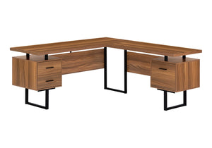 HomeRoots 71" Versatile L-Shaped Computer Desk with 3 Drawers, Brown Top & Black Metal Base for Home Office 490010