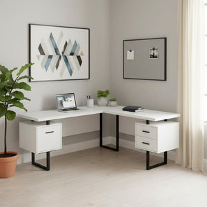 HomeRoots 71" Modern L-Shaped Computer Desk in White & Black with 3 Drawers for an Organized Workspace Upgrade 490011