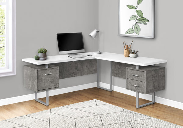 HomeRoots 71" White and Gray L-Shaped Computer Desk - Modern Design with Three Drawers for Organized Workspaces 490012