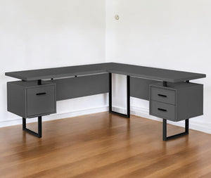 Homeroots 71" Dark Gray And Black L Shape Computer Desk With Three Drawers   490013