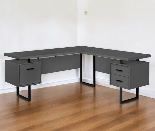 Homeroots 71" Dark Gray And Black L Shape Computer Desk With Three Drawers   490013
