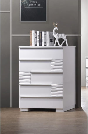English Elm Modern 5-Drawer Chest White Lacquer Finish – High Gloss Poplar & Engineered Wood, Smooth Metal Rails, Spacious Storage 30.5"W x 44"H B011P353744