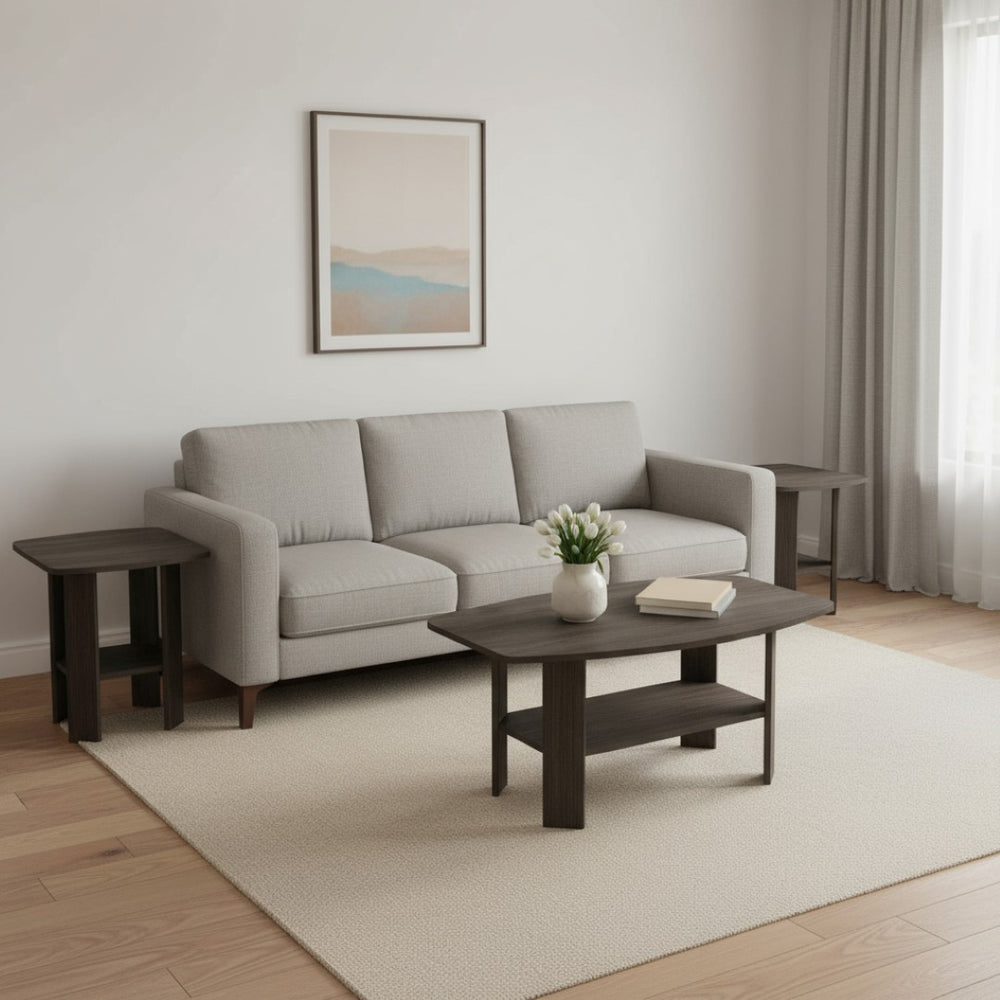 HomeRoots Set of Three Elegant 36" Oak Coffee Tables with Versatile Shelves for Storage and Display Options 490022