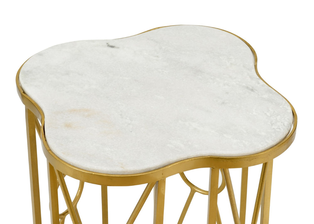 Wildwood Quadrafoil Sculptural Side Table With Antique Gold-Leaf Iron Base & Natural White Marble Top — Luxurious Accent 490052