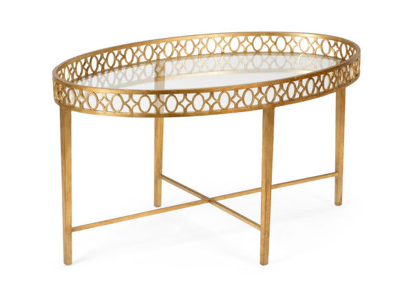 Wildwood Manor House Cocktail Table With Antique Gold Leaf Ironwork, Clear Tempered Glass Top, Timeless Centerpiece 490074