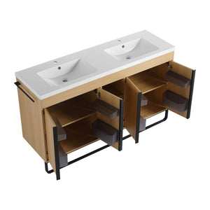 English Elm 60" Freestanding Bathroom Vanity with Dual Resin Sink, 4 Soft-Close Doors, 3 Open Shelves & Towel Hanger, Plywood Storage Boxes, Modern Durable Hardware W999S00480