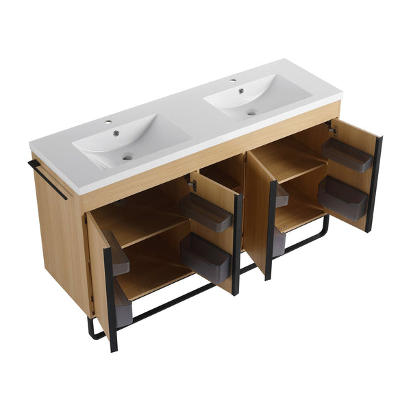 English Elm 60" Freestanding Bathroom Vanity with Dual Resin Sink, 4 Soft-Close Doors, 3 Open Shelves & Towel Hanger, Plywood Storage Boxes, Modern Durable Hardware W999S00480