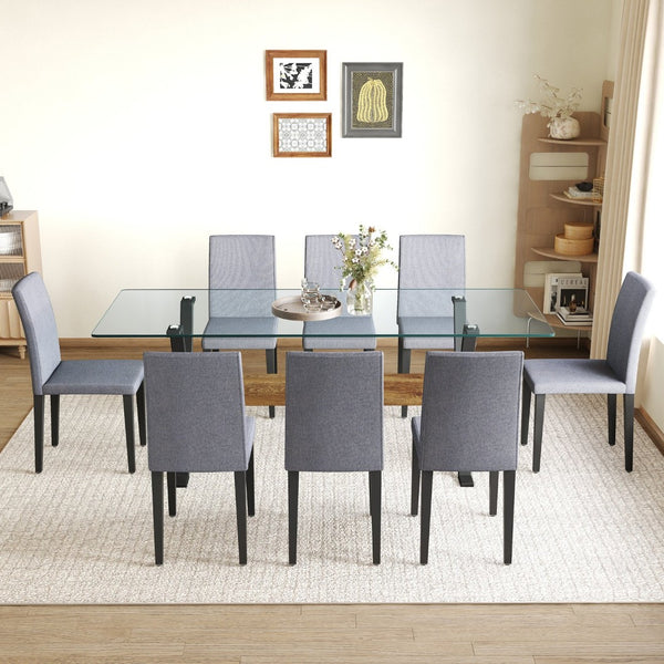 English Elm Table Set With 79" Tempered Glass Top & 8 Light Gray Linen-Cotton Chairs - Modern Elegance For Dining W1151S03619-GIGA