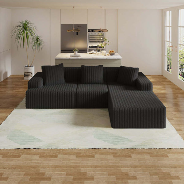 English Elm Compression Sectional Couch Plush Corduroy Chaise L-Shape Sleeper, Deep Seat Modular Sofa Black W3341P346292