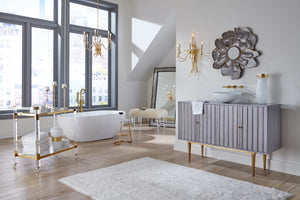 Wildwood Delphine Cabinet With Gray Paint & Antique Gold Leaf Base — Transitional 4-Door Storage Center 490108