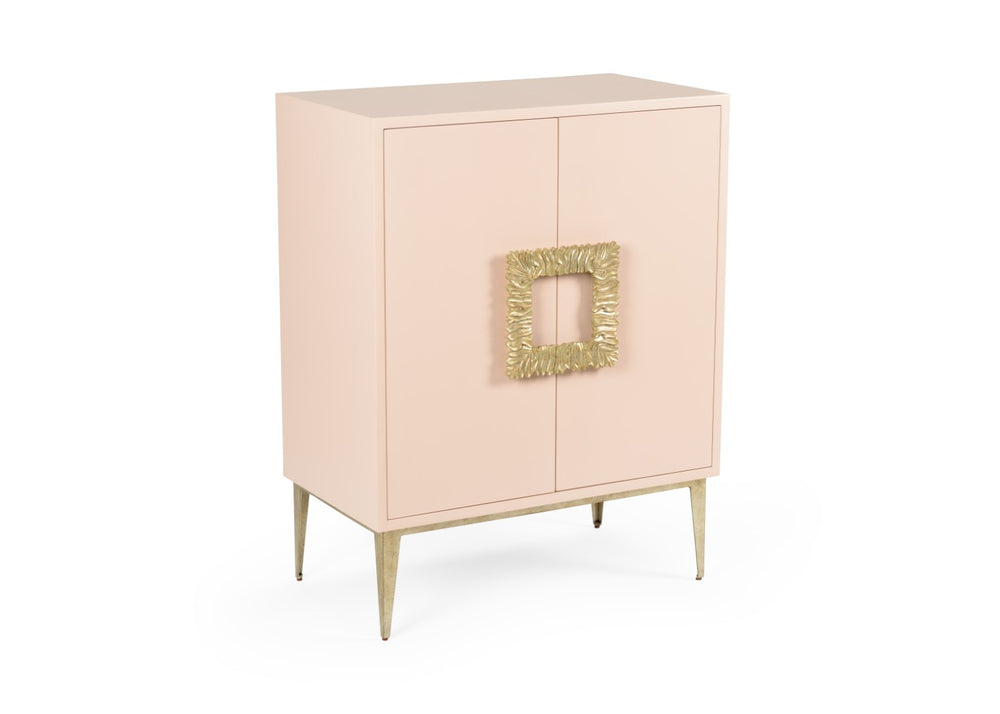 Wildwood Maddox Cabinet — High-Gloss Blush Pink Lacquer With Antique Gold Leaf Base, Compact Chic Storage Statement 490110