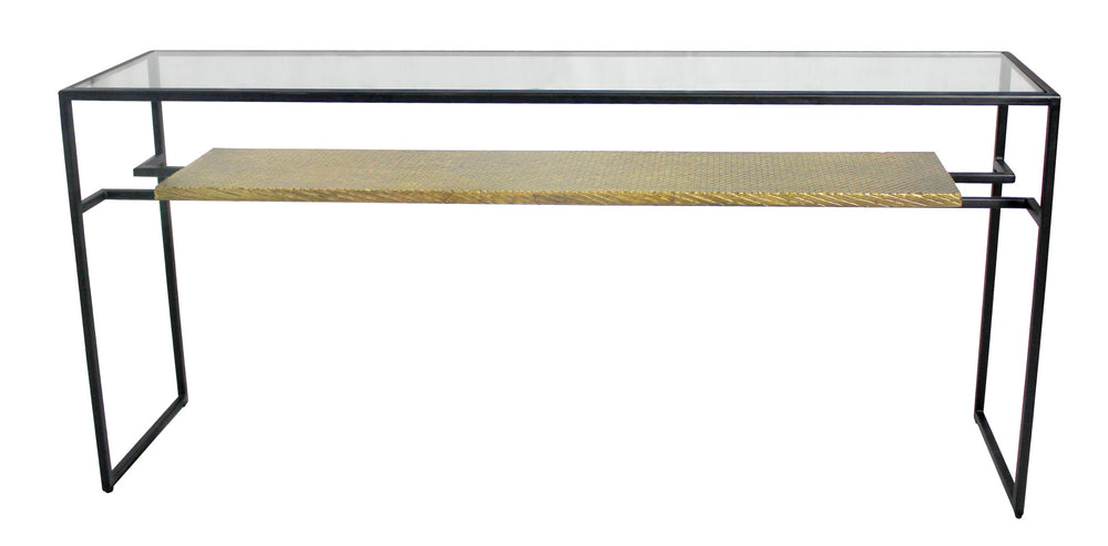 Homeroots 72" Clear Black And Gold Glass Sled Console Table With Shelves   490146