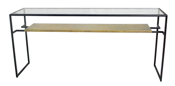 Homeroots 72" Clear Black And Gold Glass Sled Console Table With Shelves   490146