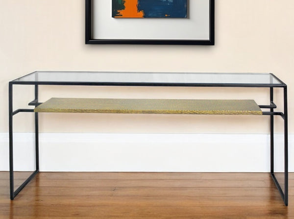 Homeroots 72" Clear Black And Gold Glass Sled Console Table With Shelves   490146