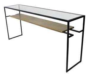 Homeroots 72" Clear Black And Gold Glass Sled Console Table With Shelves   490146