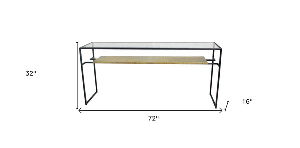 Homeroots 72" Clear Black And Gold Glass Sled Console Table With Shelves   490146