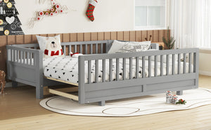 English Elm Twin Size Platform Bed With Guardrails - Stylish, Solid Wood Frame Converts To Double Twin, Grey W1580S00240-GIGA