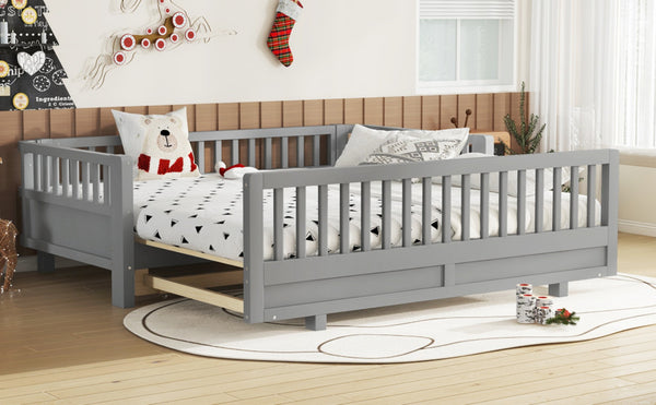 English Elm Twin Size Platform Bed With Guardrails - Stylish, Solid Wood Frame Converts To Double Twin, Grey W1580S00240-GIGA