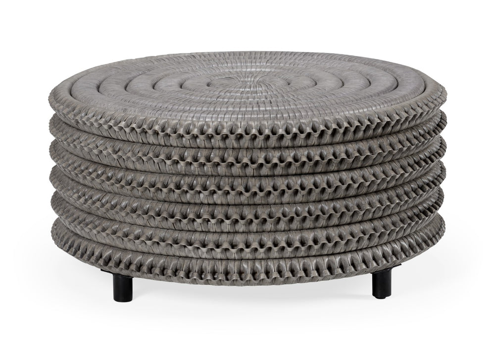 Wildwood Christopher Coastal Cocktail Table In Ash Gray Rattan — Woven Round Top & Open Base, Durable Style 490153