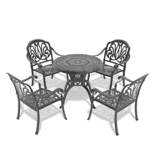 English Elm 5-piece Cast Aluminum Outdoor Dining Set with Floral Carved Chairs and Weather Resistant Cushions W1710S00541