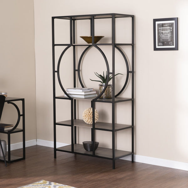 HomeRoots 68" Black Open Back Bookcase - Modern Four-Tier Etagere with Unique Round Center Shelf for Stylish Displays 490162