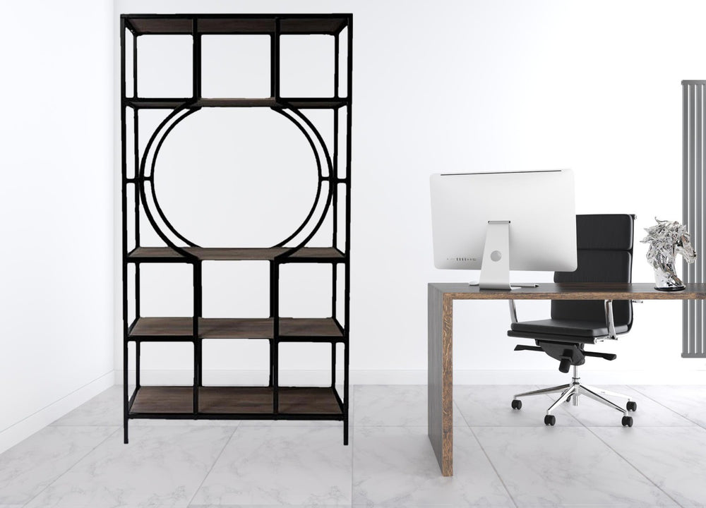 HomeRoots 68" Black Open Back Bookcase - Modern Four-Tier Etagere with Unique Round Center Shelf for Stylish Displays 490162