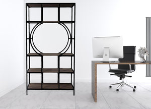 HomeRoots 68" Black Open Back Bookcase - Modern Four-Tier Etagere with Unique Round Center Shelf for Stylish Displays 490162