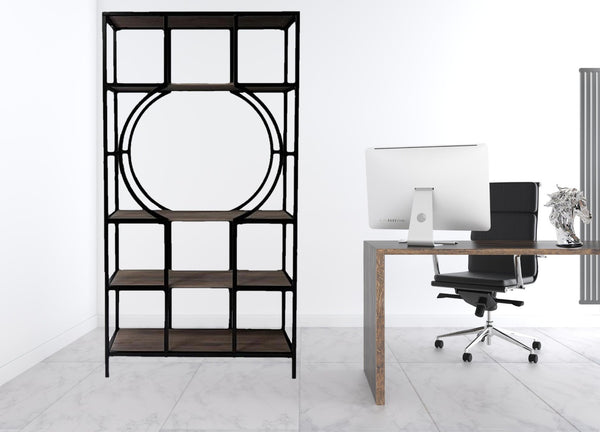 HomeRoots 68" Black Open Back Bookcase - Modern Four-Tier Etagere with Unique Round Center Shelf for Stylish Displays 490162
