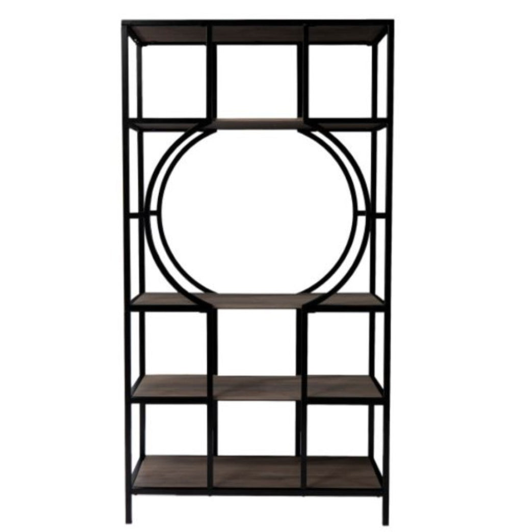 HomeRoots 68" Black Open Back Bookcase - Modern Four-Tier Etagere with Unique Round Center Shelf for Stylish Displays 490162