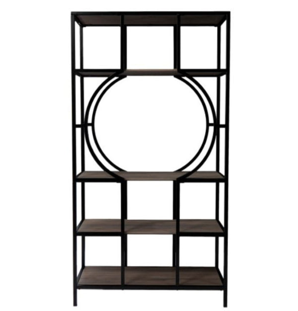 HomeRoots 68" Black Open Back Bookcase - Modern Four-Tier Etagere with Unique Round Center Shelf for Stylish Displays 490162