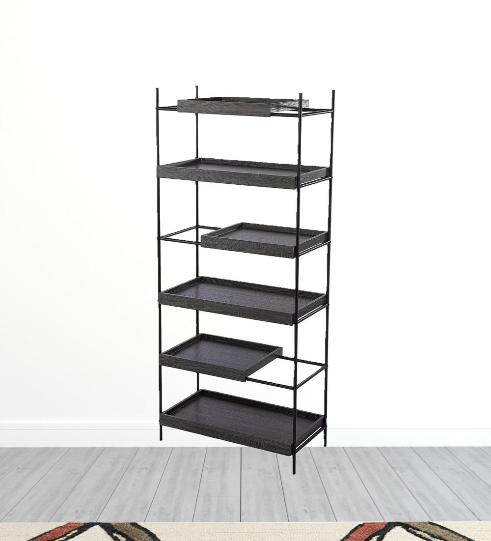 HomeRoots 72" Black Sliding Shelf Etagere Bookcase - Stylish 5-Tier Storage for Home or Office Decor & Essentials 490164