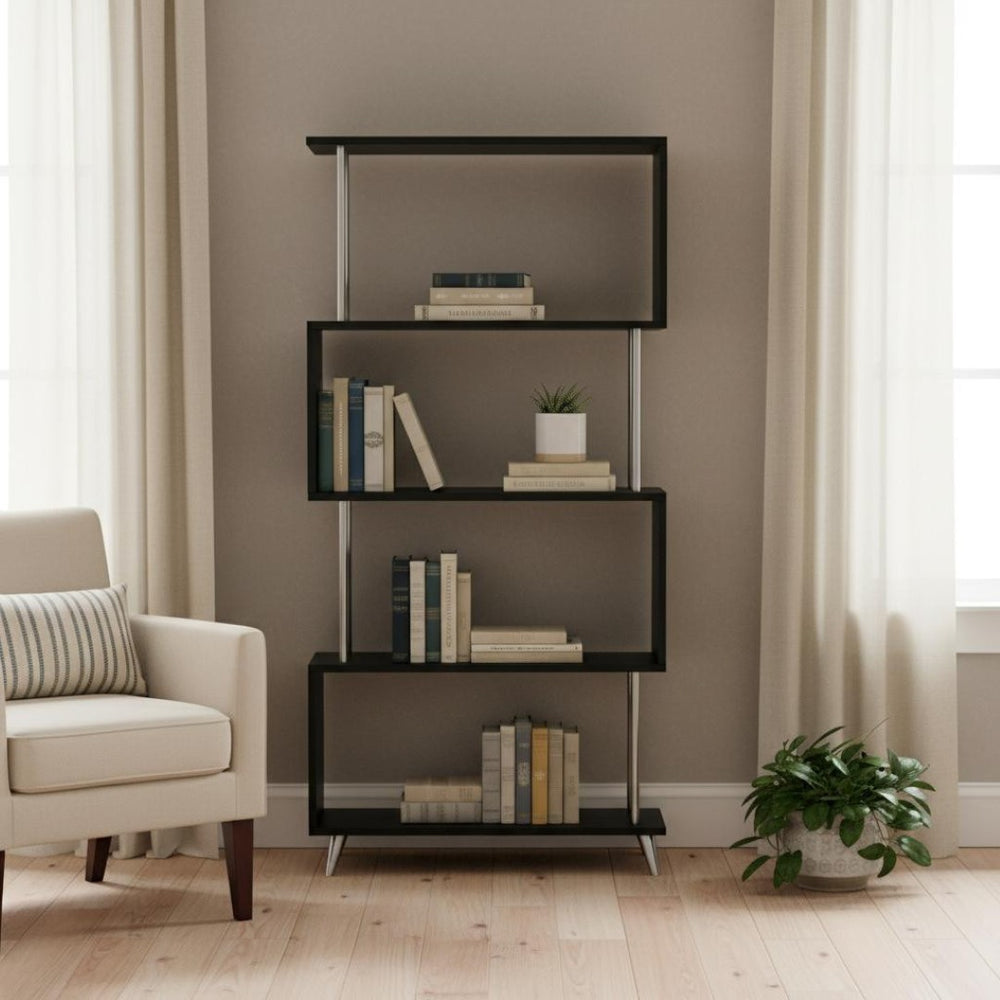 HomeRoots 61" Black Wood Four-Tier Etagere Bookcase – Stylish Storage Solution for Modern Home Decor & Organization 490166