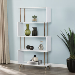 HomeRoots 61" Modern White Squiggle Etagere Bookcase – Stylish Four-Tier Storage Solution for Any Space 490168