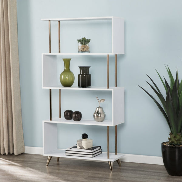 HomeRoots 61" Modern White Squiggle Etagere Bookcase – Stylish Four-Tier Storage Solution for Any Space 490168