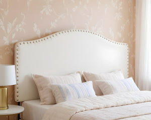 HomeRoots White Faux Leather Arched Queen Headboard with Nail Trim - Elegant, Adjustable, and Easy to Install 490189