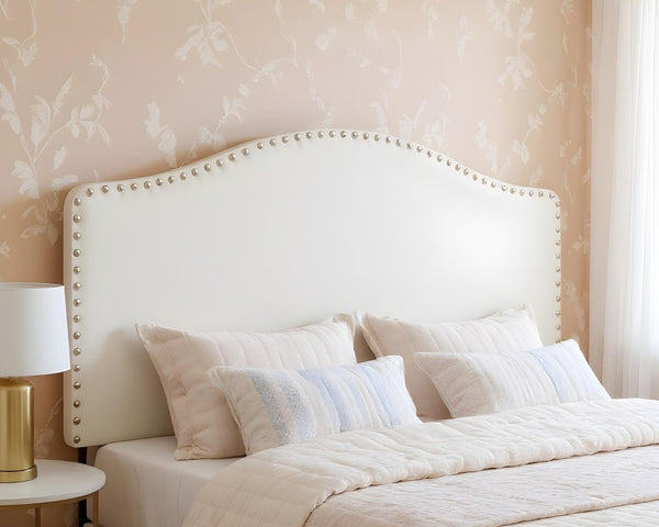 HomeRoots White Faux Leather Arched Queen Headboard with Nail Trim - Elegant, Adjustable, and Easy to Install 490189